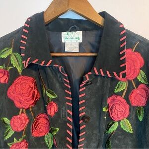 Quacker Factory Black Suede Jacket Shirt with Burgundy Embroidered Roses